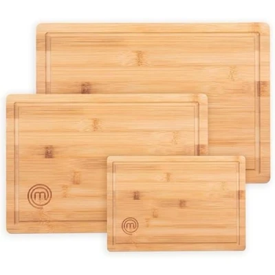 Afbeelding van Masterchef Houten Snijplanken, Bamboe, 38cm x 27.5cm, 34cm 23.5cm, 23cm 15cm, Vaatwasmachinebestendig, Planken Groot, Medium en Klein, Keukenplanken, Natuurlijk Met Sapgroefs