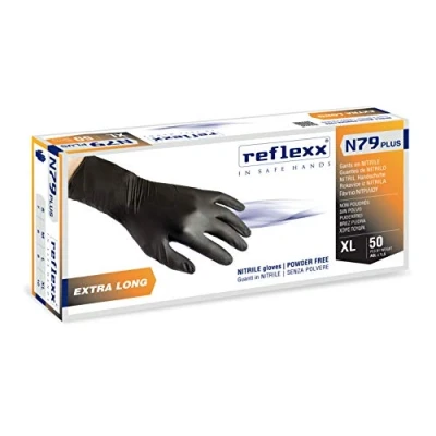 Afbeelding van REFLEXX n79p/M Extra lang, 30 cm, poedervrij nitril handschoenen maat 7.7, medium, zwart (50 stuks)