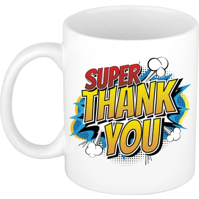 Afbeelding van super thank you cadeau mok / beker wit bedankt kado popart stijl feest mokken