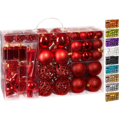 Afbeelding van BRUBAKER Kerstballen Set met Dennenappels, Kerstklokken, Geschenken, Kerstboompiek Kerstboomversiering 101 delen Rood