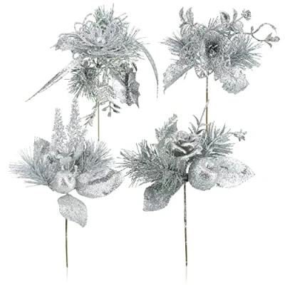 Afbeelding van COM FOUR® 4x decoratieve arrangementen, twijgen als geweldige kerstdecoraties, mooie kamerdecoraties, ook voor kransen en bloemstukken (zilverkleurig klein)