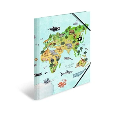 Afbeelding van HERMA 19634 Verzamelmap A3 kleuterschool dieren wereldkaart, kinderen hoekspanner map van karton met interne print en elastiek, stabiele kartonnen omslagmap voor jongens meisjes