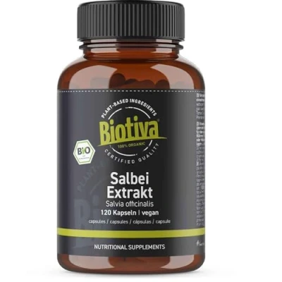 Afbeelding van Biotiva Salie extract Bio 120 Capsules Salvia 400mg veganistisch zonder scheidingsmiddel gebotteld en gecontroleerd in Duitsland (DE ÖK 005)