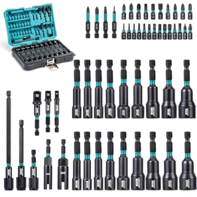 Afbeelding van LIBRATON 54 stuks magnetische moer driver set, slagboorschroevendraaier bit 1/4 inch, metrische en SAE voor slagboor, socket adapters, schroevendraaier bits, quick release verlenging,