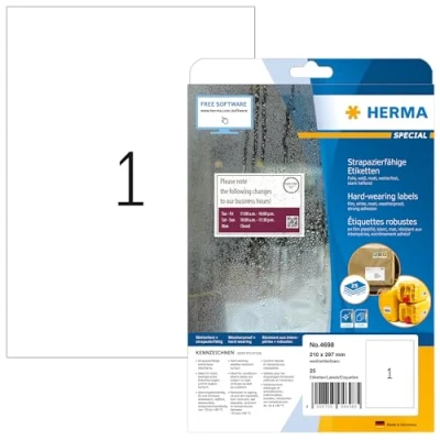 Afbeelding van HERMA 4698 weerbest folielabels A4 (210 x 297 mm, 25 velles, polyesterfolie, mat) zelfklevend, bedrukbaar, extreme sterk klevende en duurzame etiketten, etiketten voor printer, wit