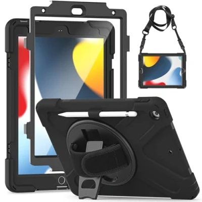 Afbeelding van Gerutek beschermhoes voor iPad 9e / 8e 7e generatie, 2021 2020 2019, met displaybescherming, schokbestendig, robuust, draaibaar, schouderband/handlus, hybride 10.2, zwart