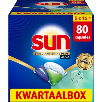 Afbeelding van Sun Vaatwascapsules Brilliant Shine Plus All in 1 met Bio enzymentechnologie 80 Vaatwastabletten Voordeelverpakking