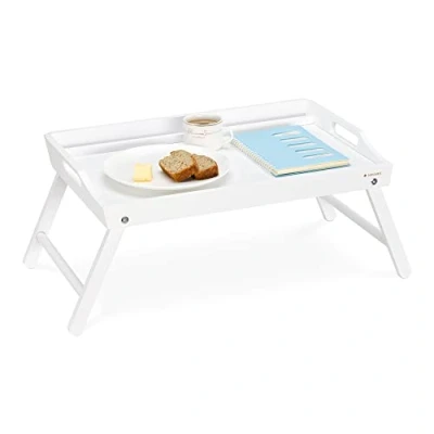 Afbeelding van Navaris bamboe bed Dienblad tafel voor in met opklapbare poten ontbijt 55,5 cm x 26,7 35,3 handgrepen Wit