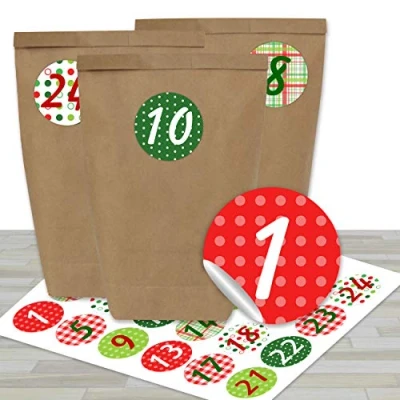 Afbeelding van DIY adventskalender om te vullen met 24 bruine papieren zakjes en kleurrijke stickers voor knutselen Miniset nr. 5 Kerstmis 2021 kinderen