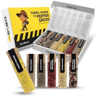 Afbeelding van DIBYS Peper Cadeau Set 6 Uitgelezen Varianten in Reageerbuisjes incl. Recepten Spannende, Gevarieerde Mix voor Hobbykoks Exclusive Pepper Spice Kit