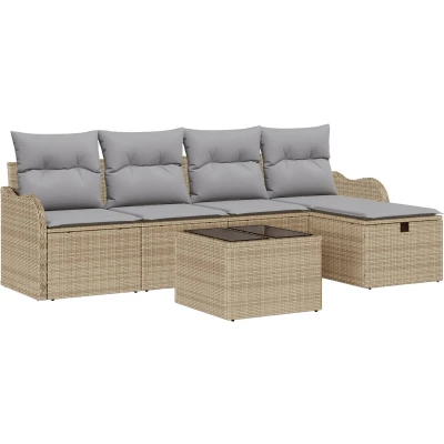 Afbeelding van vidaXL 6 delige tuinsofa set met kussens Beige Poly Rattan, 2 zits opslag &amp; Rattan