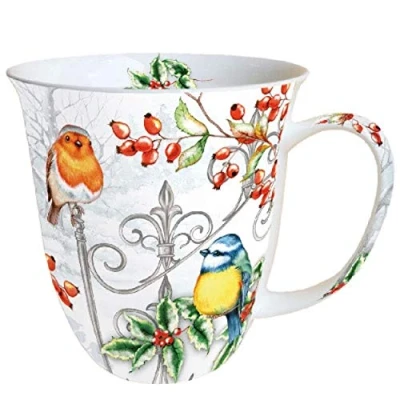 Afbeelding van Ambiente Beker Mok Thee/Koffie Birds &amp; Holly Winter Vogels Hulst Roodborstje Kerstmis ca. 0,4 L