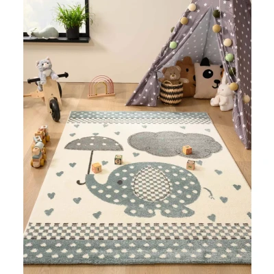 Afbeelding van Vloerkleed Kinderkamer Olifant Adventures Crème/blauw 80x150 Cm