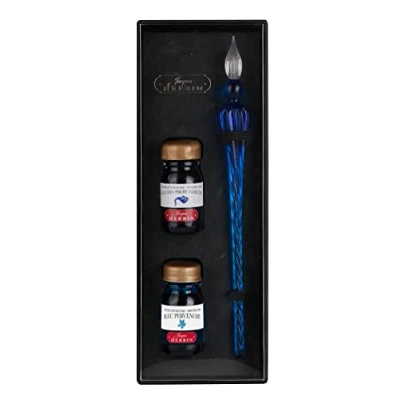 Afbeelding van Jacques Herbin 29313T Set met 2 inkten, 10 ml, diepblauw en maagdenpalmblauw een ultramarijnglazen veer. Gemaakt in Frankrijk