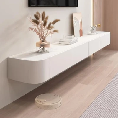 Afbeelding van Ribanedy Moderne Zwevende TV meubel, Wandgemonteerde Massief Houten kast met Opslag, Mediaconsole voor Woonkamer en Slaapkamer (Wit, 260 cm)