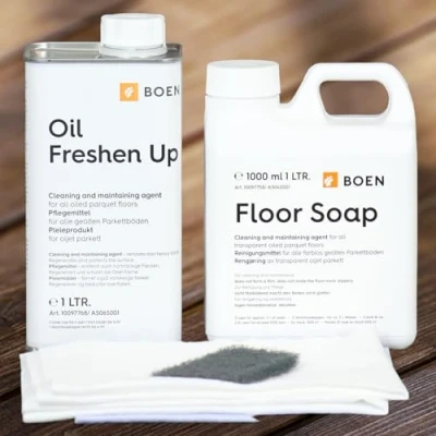 Afbeelding van HPS® Boen verzorgingsset Parket voor geolied NATUUR 1lt Zeep Freshen Up kleurloos incl. verzorgingsdoekjes set