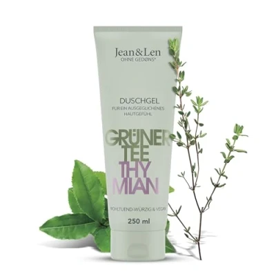 Afbeelding van Jean &amp; Len Douchegel groene thee Tijm, pH huidtideal, rustgevende kruidige douche ervaring, verrijkt met en tijm extract, veganistische douchegel, zonder parabenen siliconen, 250 ml