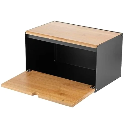 Afbeelding van FLORINA Broodtrommel BRUSTO 35,5 x 21,5 19,5 cm I Broodbox van Staal en Bamboe Deksel Ruime Moderne Broodcontainer Broodopslag Lang Vers Brooddoos voor Keuken Kleur: Zwart