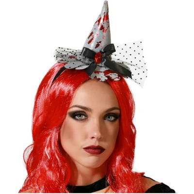 Afbeelding van Halloween heksenhoed mini hoedje op diadeem one size zilver/bloed meisjes/dames Verkleedhoofddeksels