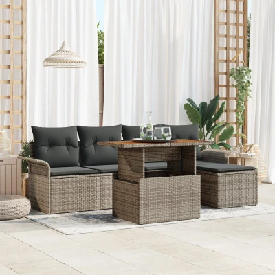 Afbeelding van vidaXL 6 delige Tuin Eetset met Kussens Grijs Poly Rattan Acacia