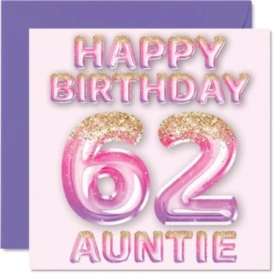 Afbeelding van 62e verjaardagskaart voor tante roze en paarse glitterballonnen gelukkige verjaardagskaarten 62 jarige van neef nichtje, 145 mm x cadeau