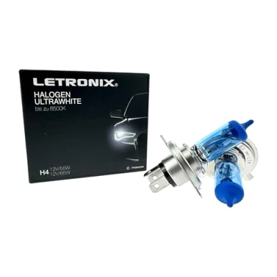 Afbeelding van LETRONIX halogeen autolampen H4, 12V, 8500K, koud wit, xenongas, ultrawitte look, voor dimlicht, mistlampen, grootlicht, bochtverlichting, goedkeuring E keurmerk (led look) (H4 55/60W)