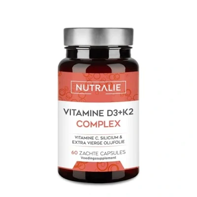 Afbeelding van Vitamine D3 10.000 IE + K2 MK7 Hoge Dosis Draagt bij aan het Immuunsysteem, Botten en Spieren met D3, K2, C, Silicium Extra Vergine Olijfolie 60 Capsules Nutralie