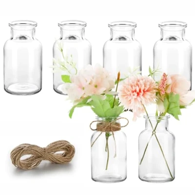 Afbeelding van Lannvan kleine glazen vazen set van 6 voor tafeldecoratie bruiloft decoratieve met 8 m jute koord mini vaatwasmachinebestendig 10,5 cm