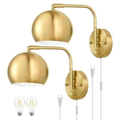 Afbeelding van Indoor Wandlamp Dimbaar met Schakelaar, E27 Verstelbare Gouden Metalen Bedlamp Stekker en Koord Retro Industriële Wandleeslamp voor Woonkamer, Slaapkamer, Kantoor,2pack