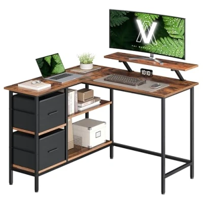 Afbeelding van VASAGLE L vormig bureau, 2 ruime laden, computertafel met monitorstandaard, hoekbureau, gamingtafel verstelbare plank, voor thuiskantoor, vintage bruin LWD097B01