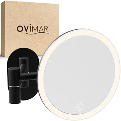 Afbeelding van ovimar cosmeticaspiegel Leinoya met licht oplaadbaar wandmontage zonder boren in de badkamer 5x vergrotende spiegel make up 360 graden