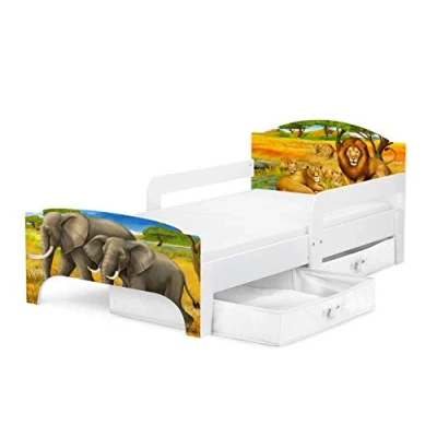 Afbeelding van Leomark Smart Eenpersoonsbed voor kinderen met laden, 140/70 cm (matras) eenvoudige montage, kleine ruimtes, wit (thema: Safari)