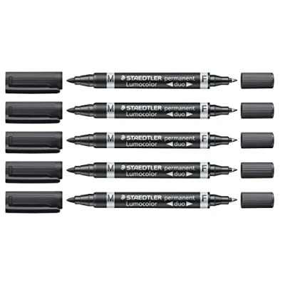 Afbeelding van STAEDTLER Lumocolor permanent duo marker, marker met fijne en medium ronde punt, veeg watervast, sneldrogend, navulbaar, langhoudend, 5 zwarte markers, 348 9X
