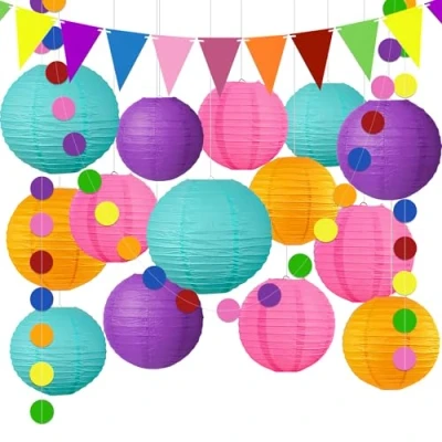 Afbeelding van YBwanli kleurrijke papieren lantaarn, combo set geschikt: kinderverjaardagsdecoratie, bruiloftsdecoratie, tuinfeestdecoratie, 16 stuks Herbruikbaar
