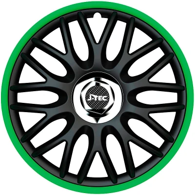 Afbeelding van J Tec 4 Delige Wieldoppenset Orden R 15 inch zwart/groen + chroom ring