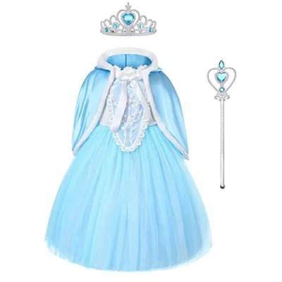 Afbeelding van URAQT Jurk,Prinsessen Kostuum met Toverstaf en Kroon, Meisjes Prinsessenjurk Cape, Prinses Dress Up voor Feest Kerstmis Carnaval Party Halloween Bruiloft Verjaardagsfeest