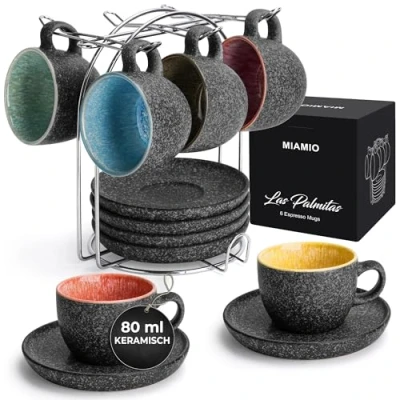 Afbeelding van MIAMIO 80 ml keramische stapelbare espressokopjes met schoteltjes en metalen standaard, set van 6 demitasse kopjes, koffiemokken voor espresso latte café mokka &amp; thee Las Palmitas collectie