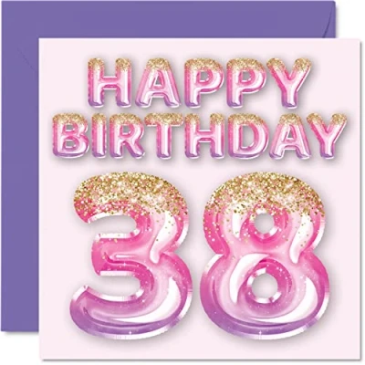 Afbeelding van 38e verjaardagskaart voor vrouwen roze en paarse glitterballonnen gelukkige verjaardagskaarten 38 jarige vrouw vriend zus moeder tante, 145 mm x achtendertig achtendertigste verjaardag