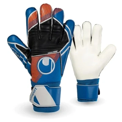 Afbeelding van uhlsport Soft Pro voetbalkeepershandschoenen voor kinderen en volwassenen, ademende met polsfixatie uitstekende grip, blauw/oranje/wit, maat 7 11