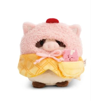 Afbeelding van Set knuffel koe Moona 8cm met milkshake &amp; softijs kostuum in geschenkverpakking wit Zacht pluche, schattig om mee te knuffelen en spelen, voor kinderen volwassenen 61655