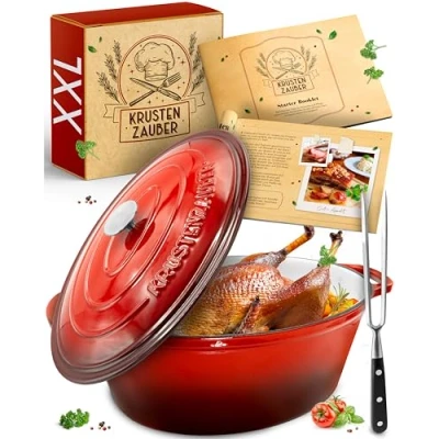 Afbeelding van KRUSTENZAUBER 37,5 cm ovale gietijzeren braadpan met deksel geschikt voor de oven inclusief vleesvork 9.8L rood geëmailleerde pot inductie, gas, elektrisch ideaal kerstcadeau