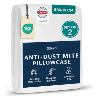 Afbeelding van Dreamzie Set van 2 anti mijtkussenslopen 80x80 cm kussenbeschermer voor allergische mensen mijthoes wasbaar 95C