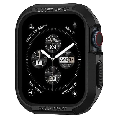 Afbeelding van Apple Watch 44 mm Hoes: Spigen Rugged Armor Case smartwatch Shockproof/Valbescherming Bumper,Backcover,Softcase Zwart Siliconen En TPU (zacht)