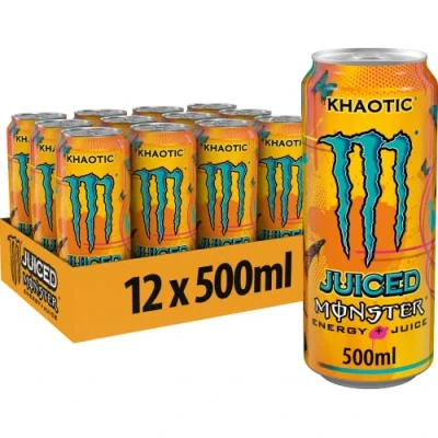 Afbeelding van Monster Energy Juiced Khaotic cafeïnehoudende energiedrank met tropische citrussmaak in praktische wegwerpblikjes (12 x 500 ml)