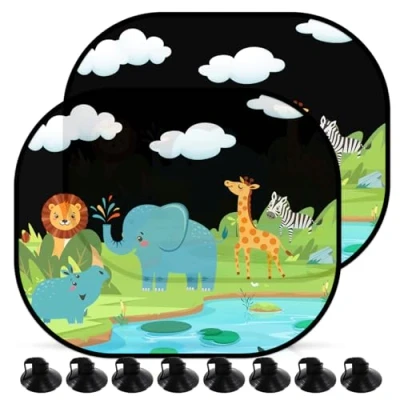 Afbeelding van Autozonwering voor kinderen, 2 stuks, 44 x 35 cm, universele autozonwering, zelfklevend, met 8 zuignappen, motief wilde dieren, zonwering, 99% tegen uv stralen