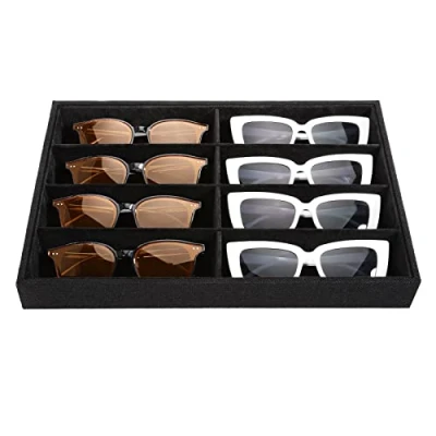 Afbeelding van Emibele Glasses Organizer Jewelry Tray, 8 Grids Velvet Tray Watch Storage Stackable Showcase Display with Detachable Inner Dividers, Black