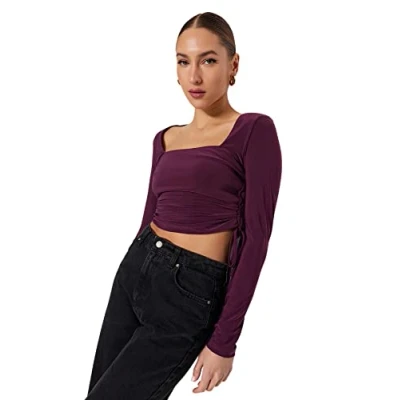Afbeelding van Trendyol Grijze Vierkante Hals Geplooide Gedetailleerde Aansluitende Crop Rekbare Gebreide Blouse Twoaw22Bz0263