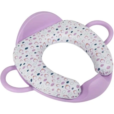 Afbeelding van Lila zachte toiletverkleiner voor kinderen, met twee handgrepen, een rugleuning en grote zitting, wasbaar herbruikbaar