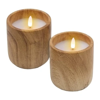 Afbeelding van Spetebo Led kaars in keramische beker met houtlook, 10 x 9 cm, set van 2 decoratieve kaarsen, werkt op batterijen, timerfunctie, sfeerlicht, kunstmatige vlam flikkereffect voor