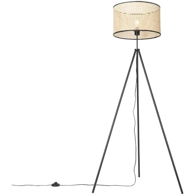 Afbeelding van QAZQA Landelijke vloerlamp tripod zwart met rotan kap Kata